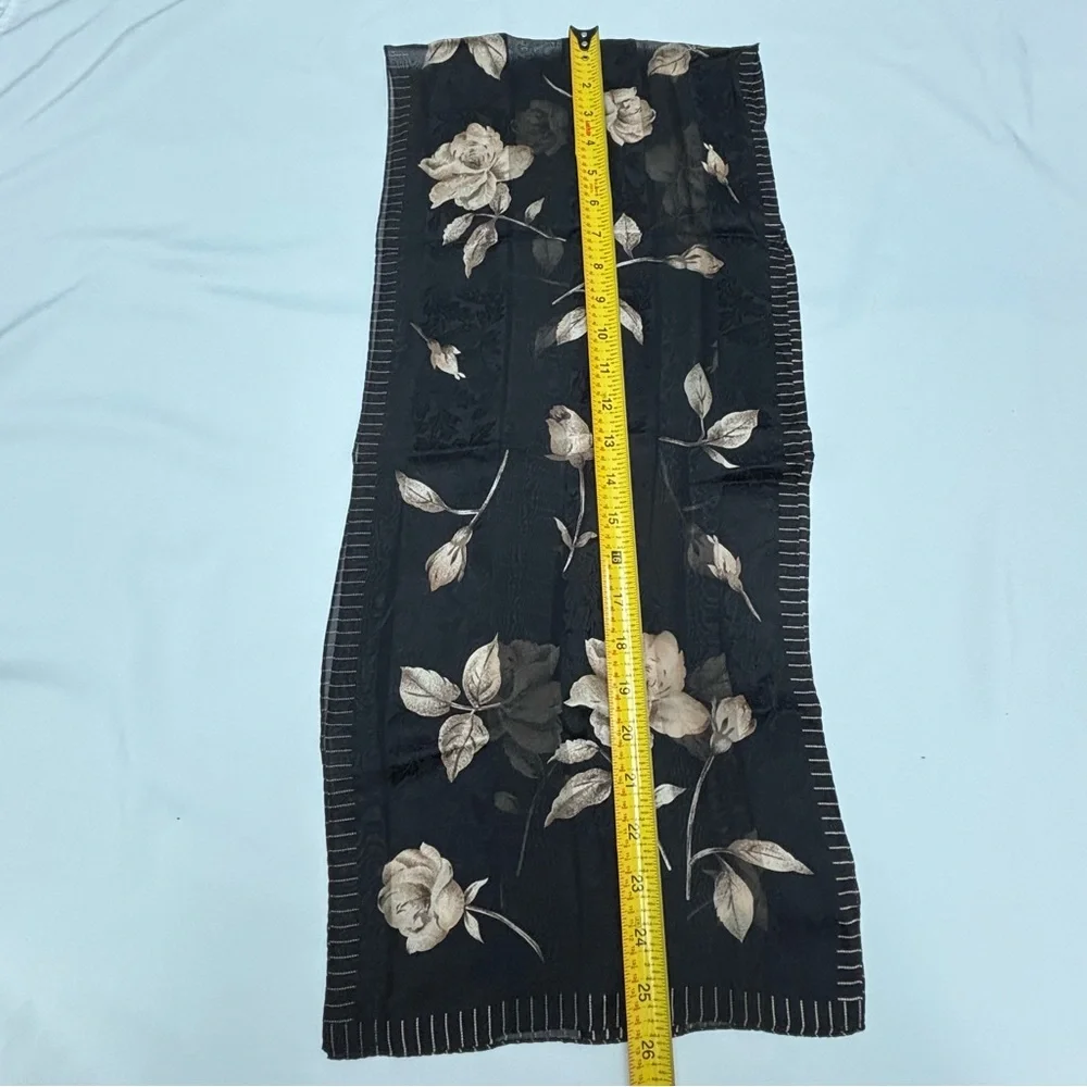 Vintage 100% Silk Black and Tan Floral Scarf